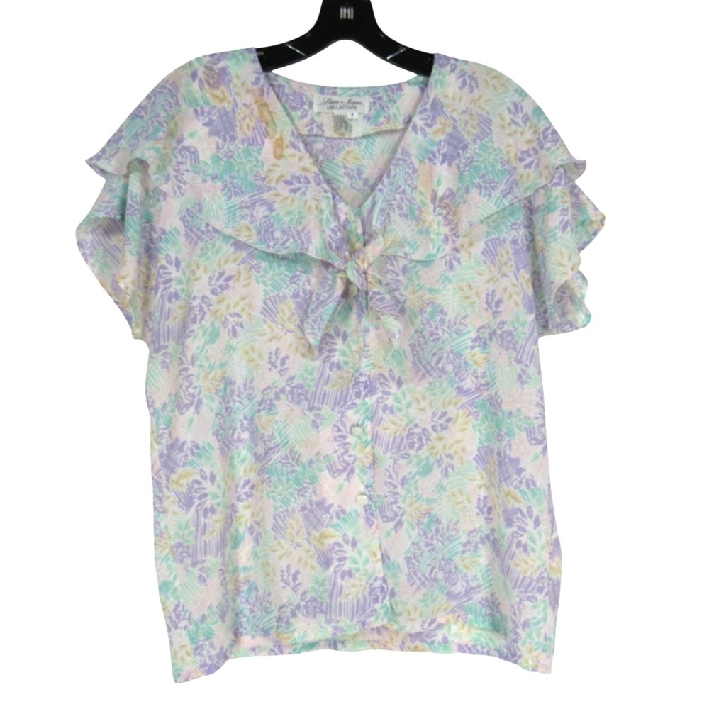 LAURA-JAYNE Thin GEORGETTE Pastel-Color RUFFLE TIE COLLAR Button-Up BLOUSE/TOP 8
